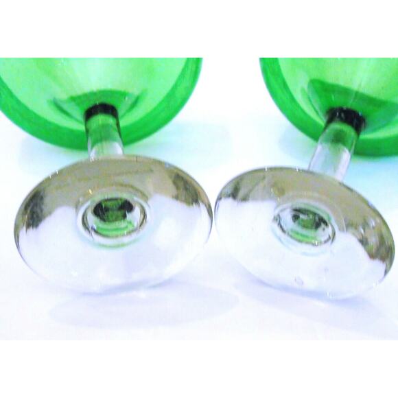 Hand Blown Margarita Glasses 2 Artisan Etched Glass Green Bowl 6.5" Clear Stems - Picture 4 of 6